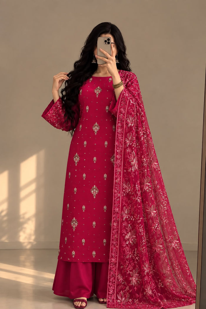 Magenta Pink Embroidered 3-Piece Suit