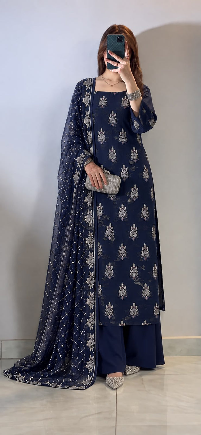 Navy Blue Embroidered 3-Piece Suit