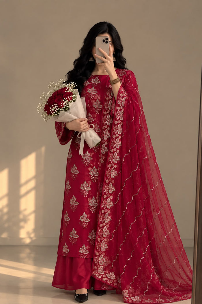 Ruby Red Embroidered 3-Piece Suit