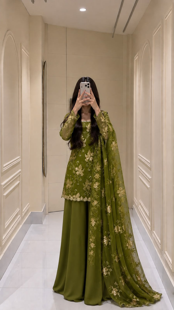 Olive Green Embroidered 3-Piece Suit