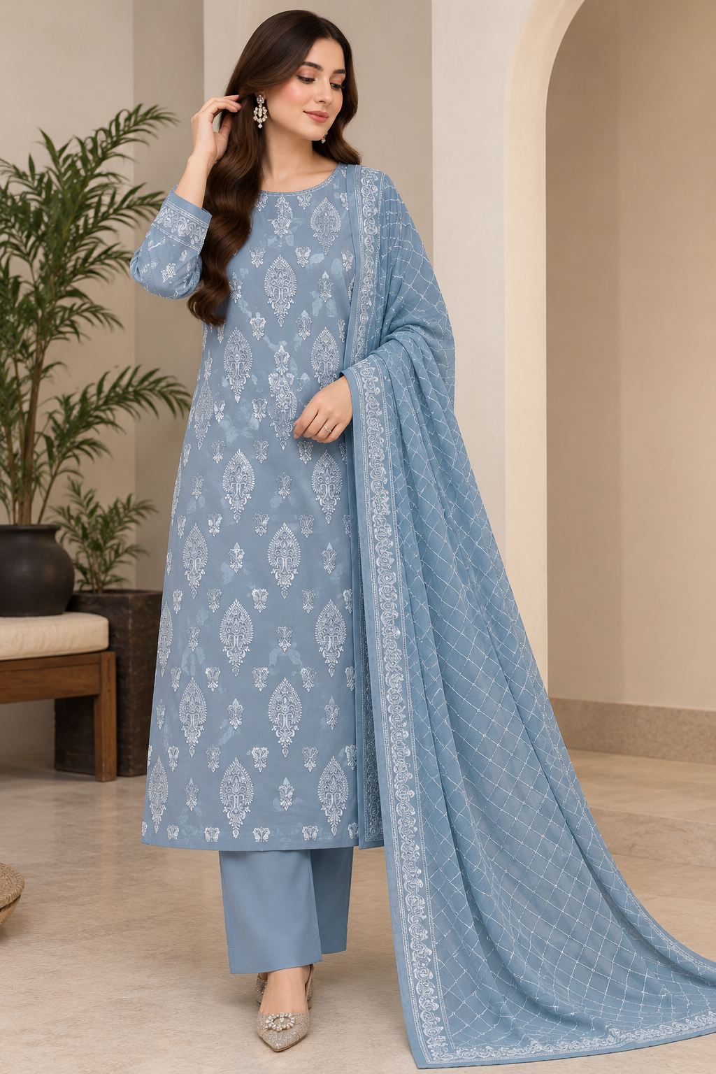 Powder Blue Embroidered Chiffon Suit