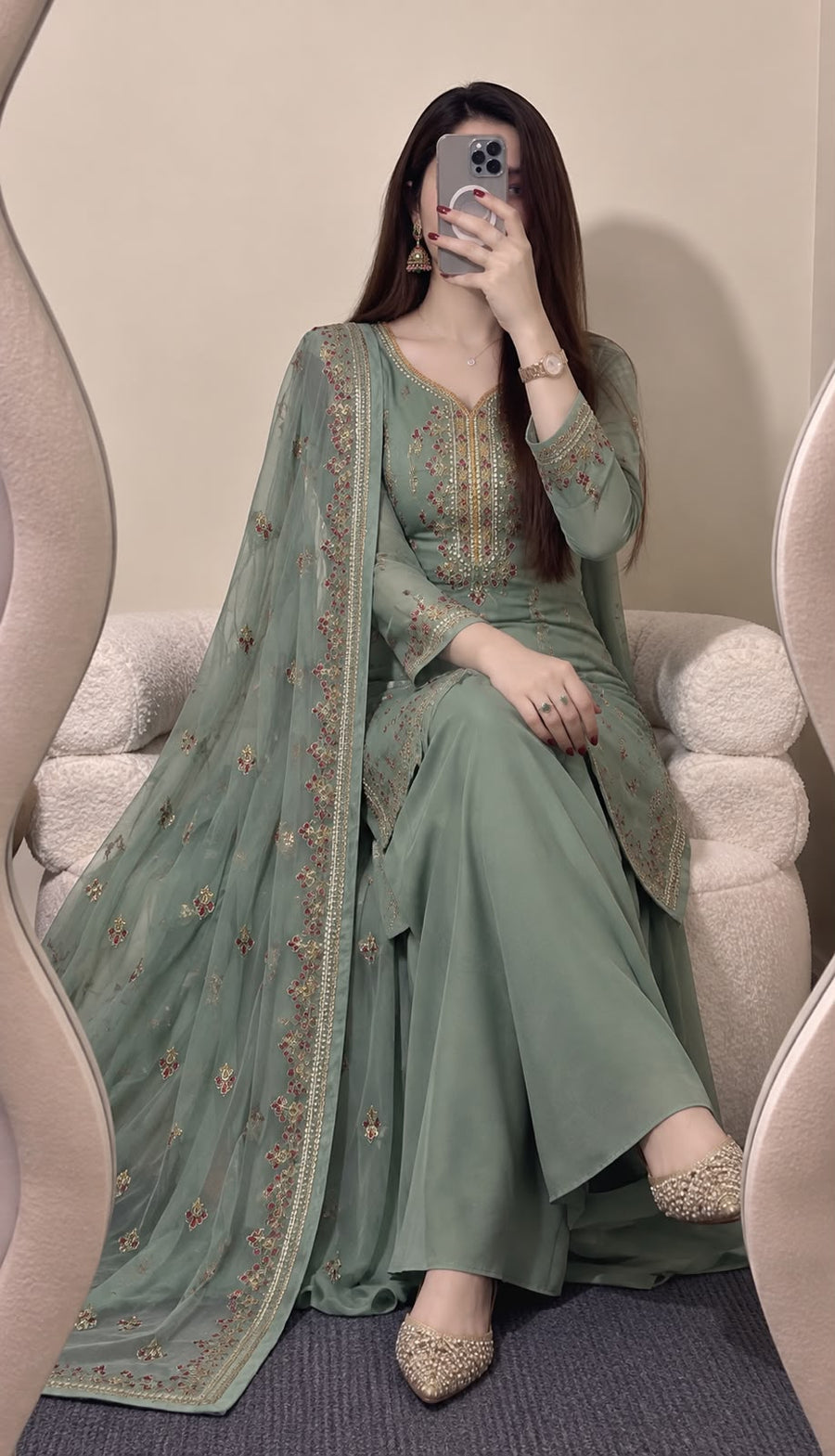 Sage Green Embroidered 3-Piece Suit