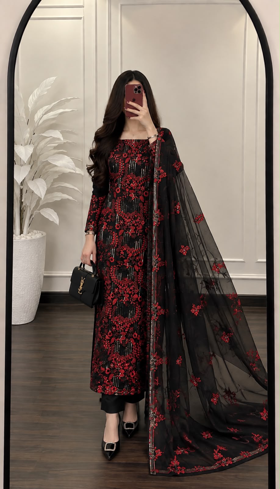 Black & Red Floral Embroidered 3-Piece Suit