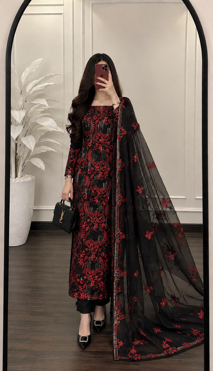 Black & Red Floral Embroidered 3-Piece Suit