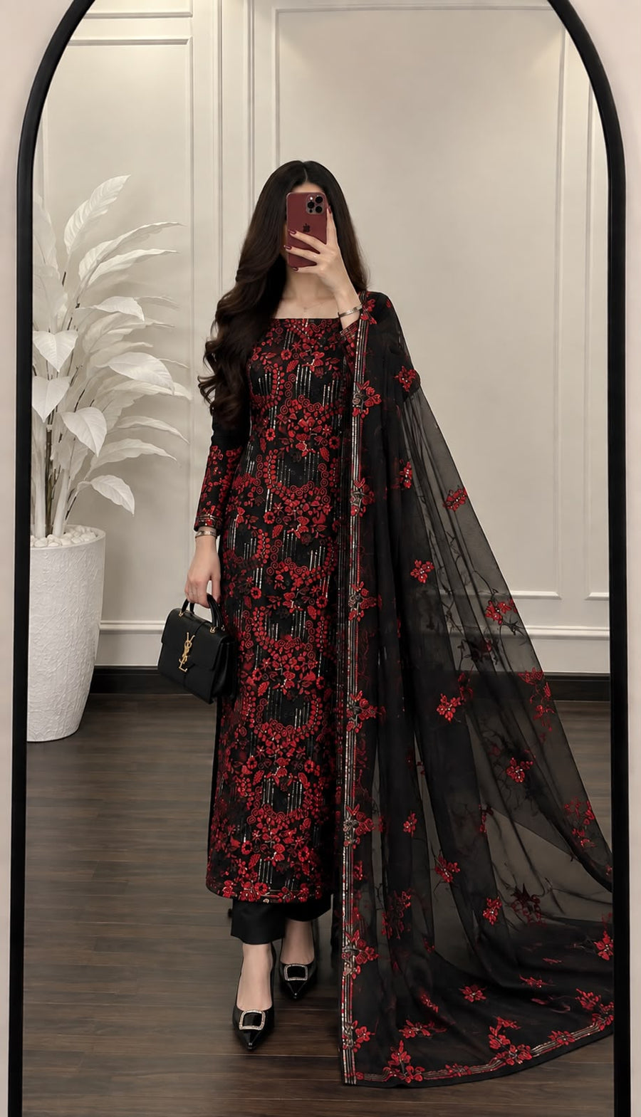 Black & Red Floral Embroidered 3-Piece Suit