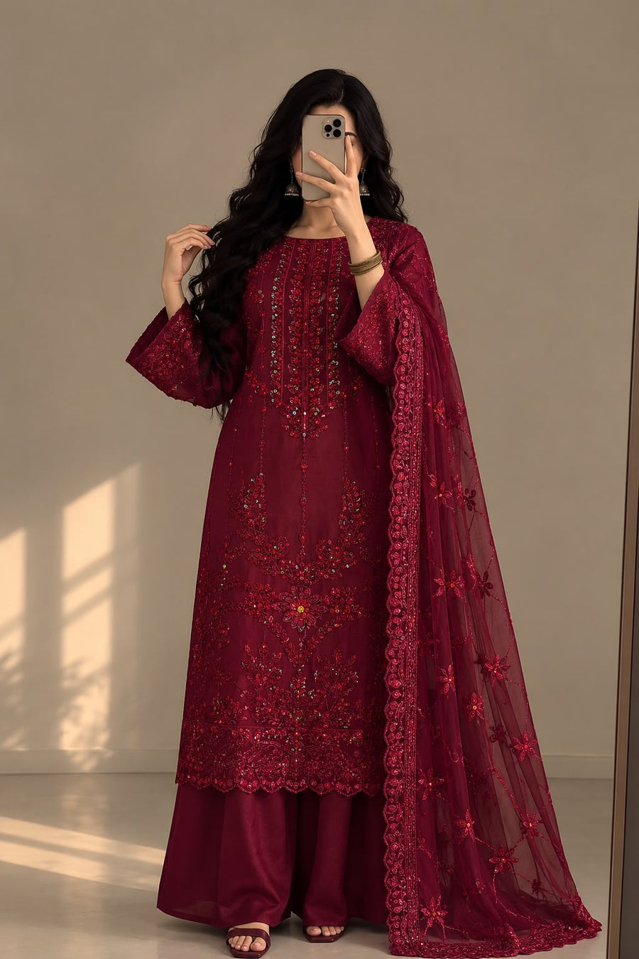 Deep Burgundy Embroidered 3-Piece Suit