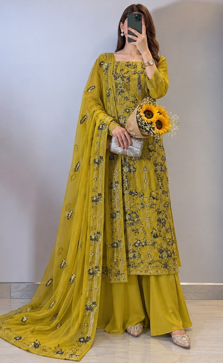 Mustard Yellow Embroidered 3-Piece Suit ✨