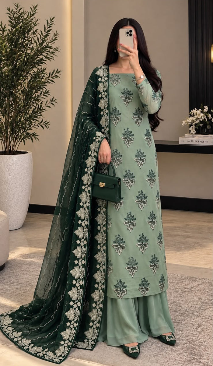 Emerald & Sage Green Embroidered 3-Piece Suit ✨